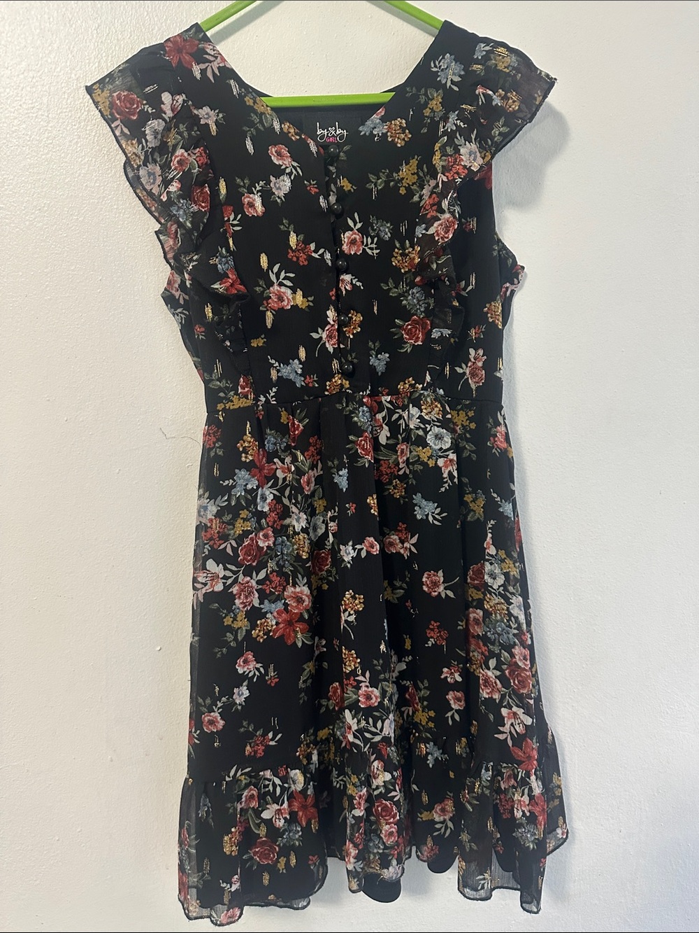 by & by Black Floral Ruffle Sleeve Dress with Red and Cream Blooms